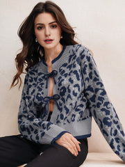 Isabella Leopard Print Lace-Up Elegant Knit Cardigan