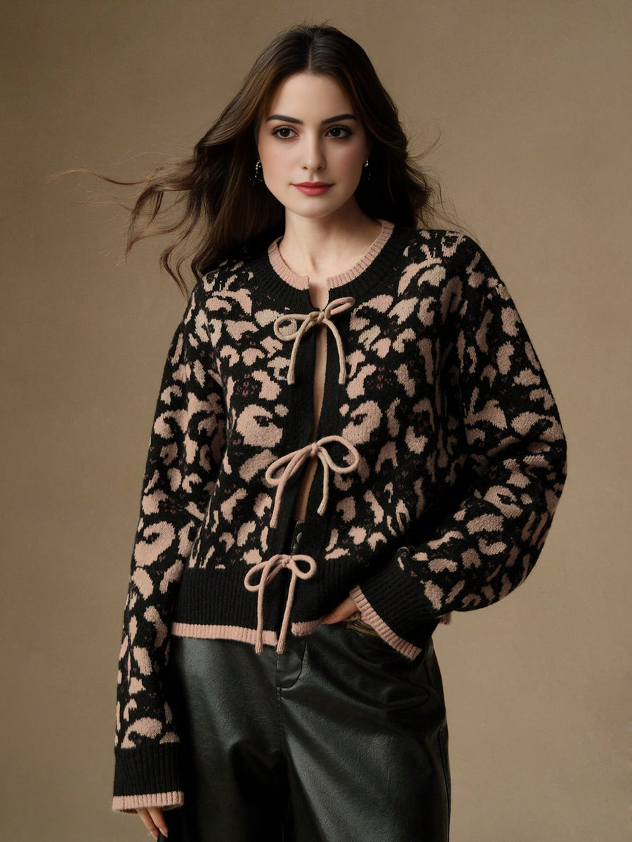 Isabella Leopard Print Lace-Up Elegant Knit Cardigan