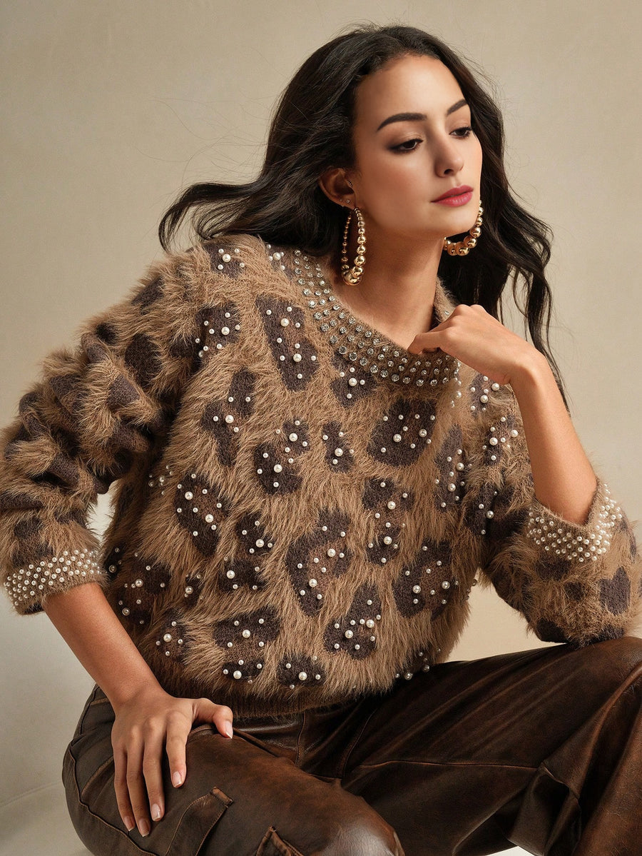 Isabella Leopard Print Beaded Crew Neck Long Sleeve Sweater