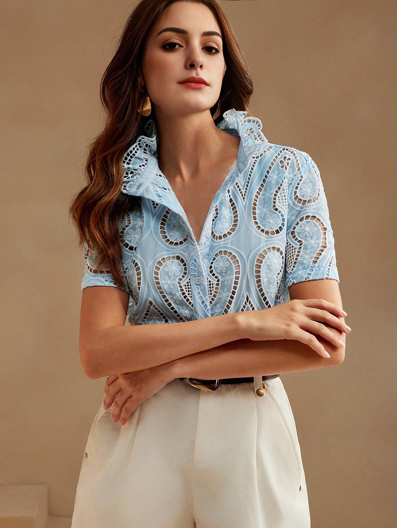 Isabella Embroidery Blue Short Sleeve Blouse For Women