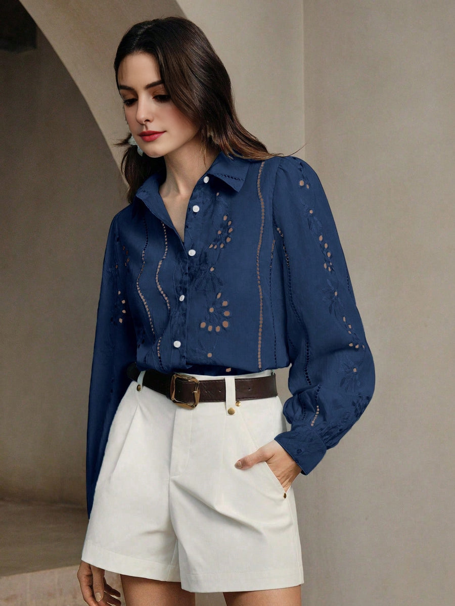 Isabella Lapel Long Sleeve Hollow Embroidery Casual Shirt