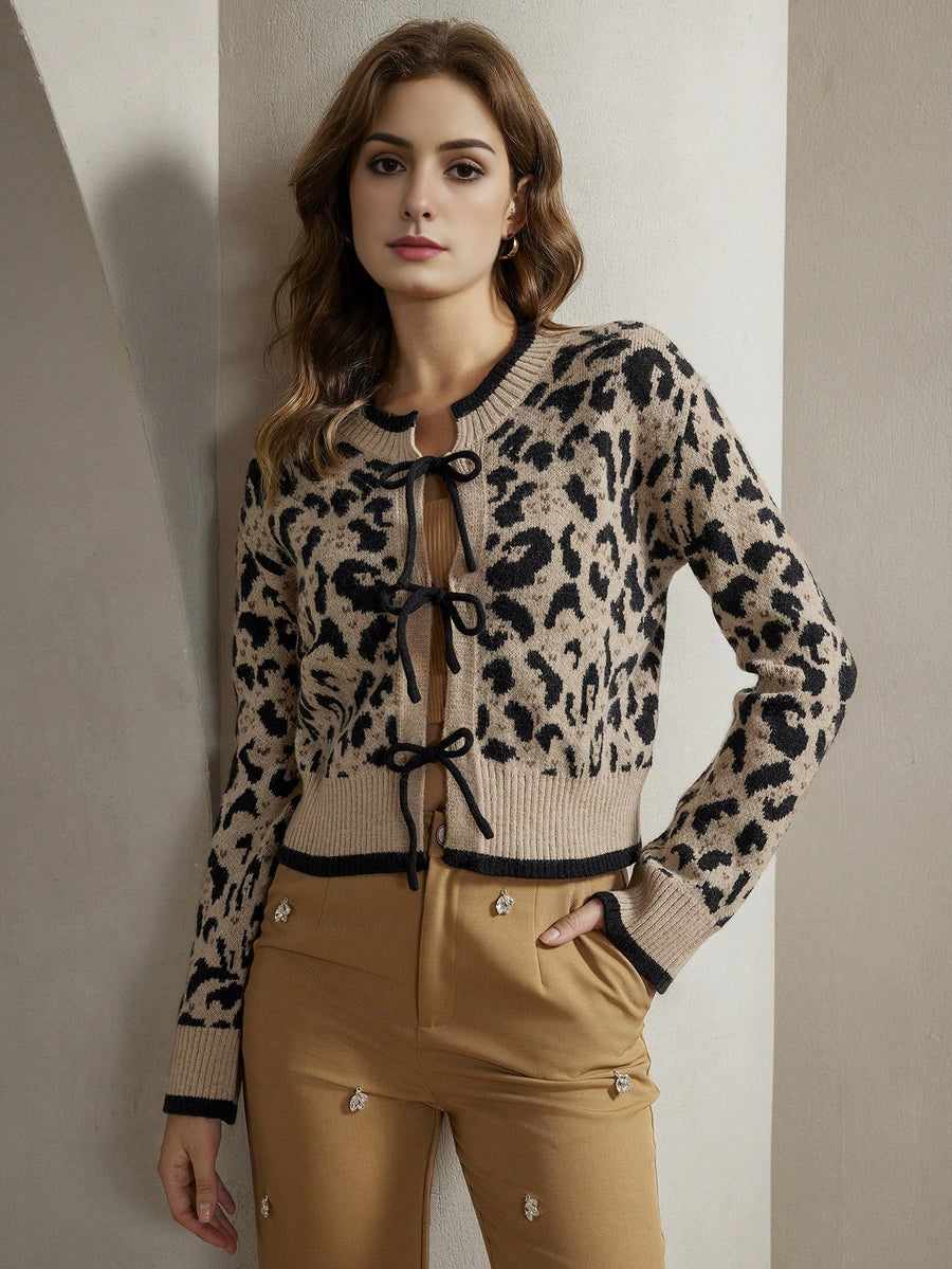 Isabella Leopard Print Lace-Up Elegant Knit Cardigan