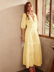 Isabella White V-Neck Slit Lace Elegant Floor-Length Dress