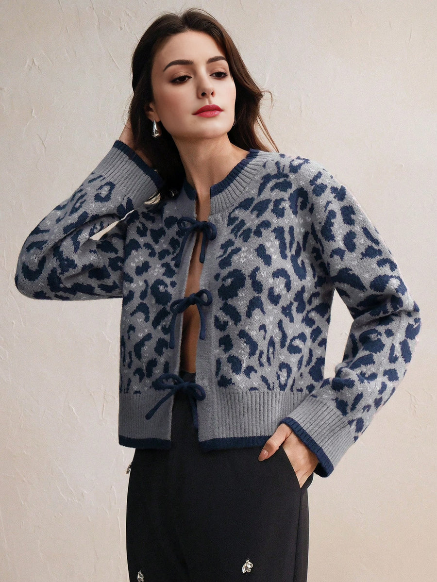 Isabella Leopard Print Lace-Up Elegant Knit Cardigan