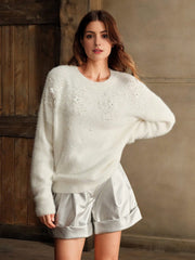 Isabella Crystal & Lace Decor 3D Floral Knitted Loose Fluffy Sweater