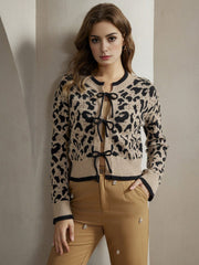 Isabella Leopard Print Lace-Up Elegant Knit Cardigan