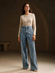 Isabella High Waist Fashion Pearl Embellished Straight Loose Wide Leg Jeans