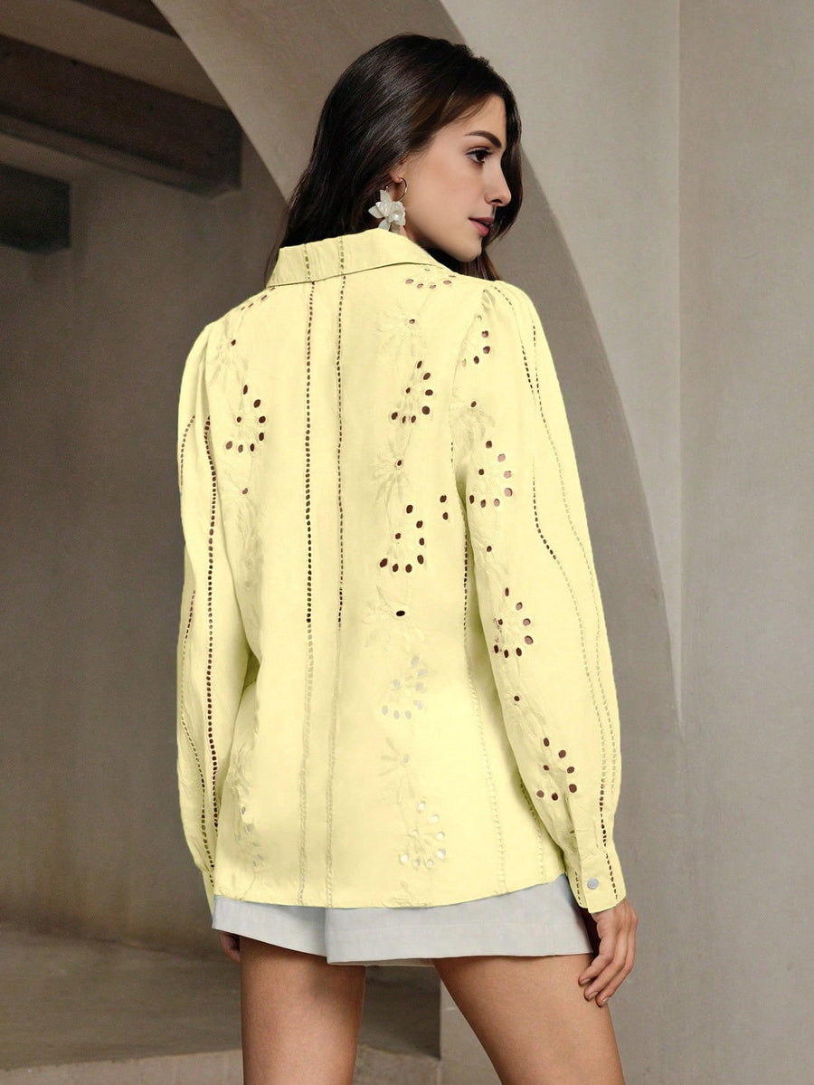 Isabella Lapel Long Sleeve Hollow Embroidery Casual Shirt