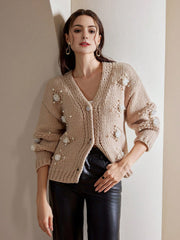 Isabella 3D Pearl & Floral Decor Elegant Sweater Cardigan