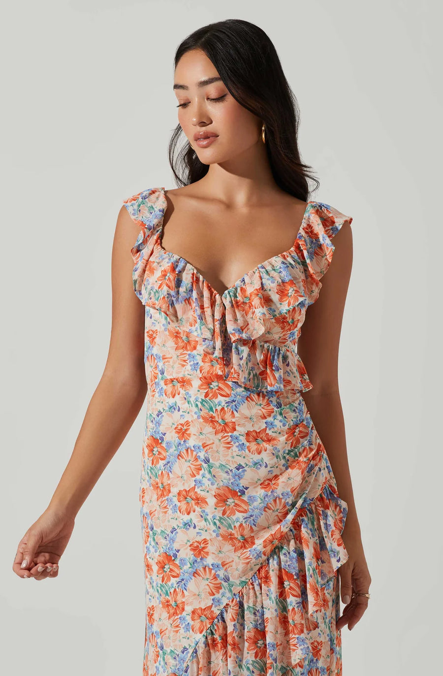 Mahalia Floral Sweetheart Ruffle Midi Dress