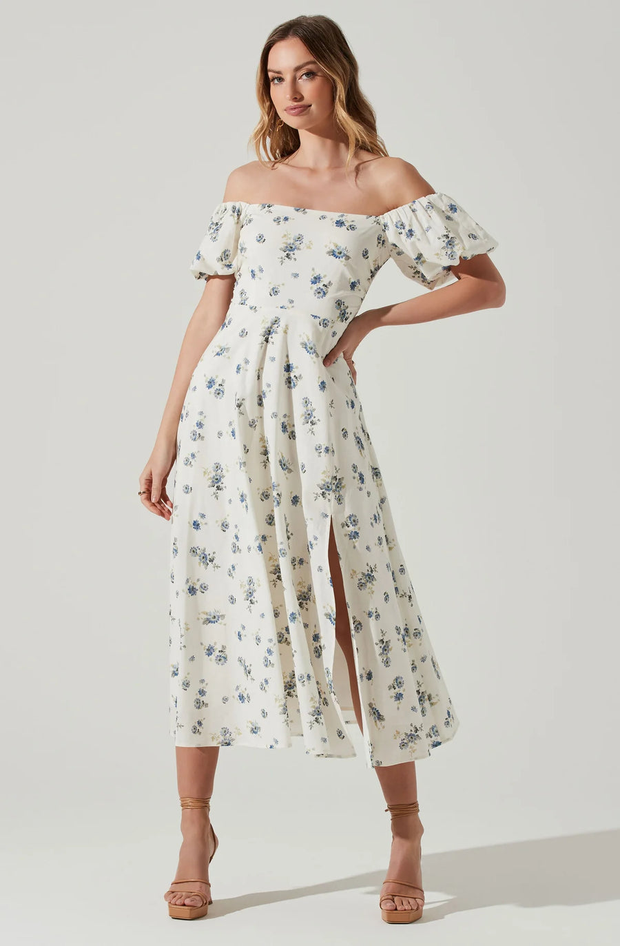 Off Shoulder Puff Sleeve Midi Dress