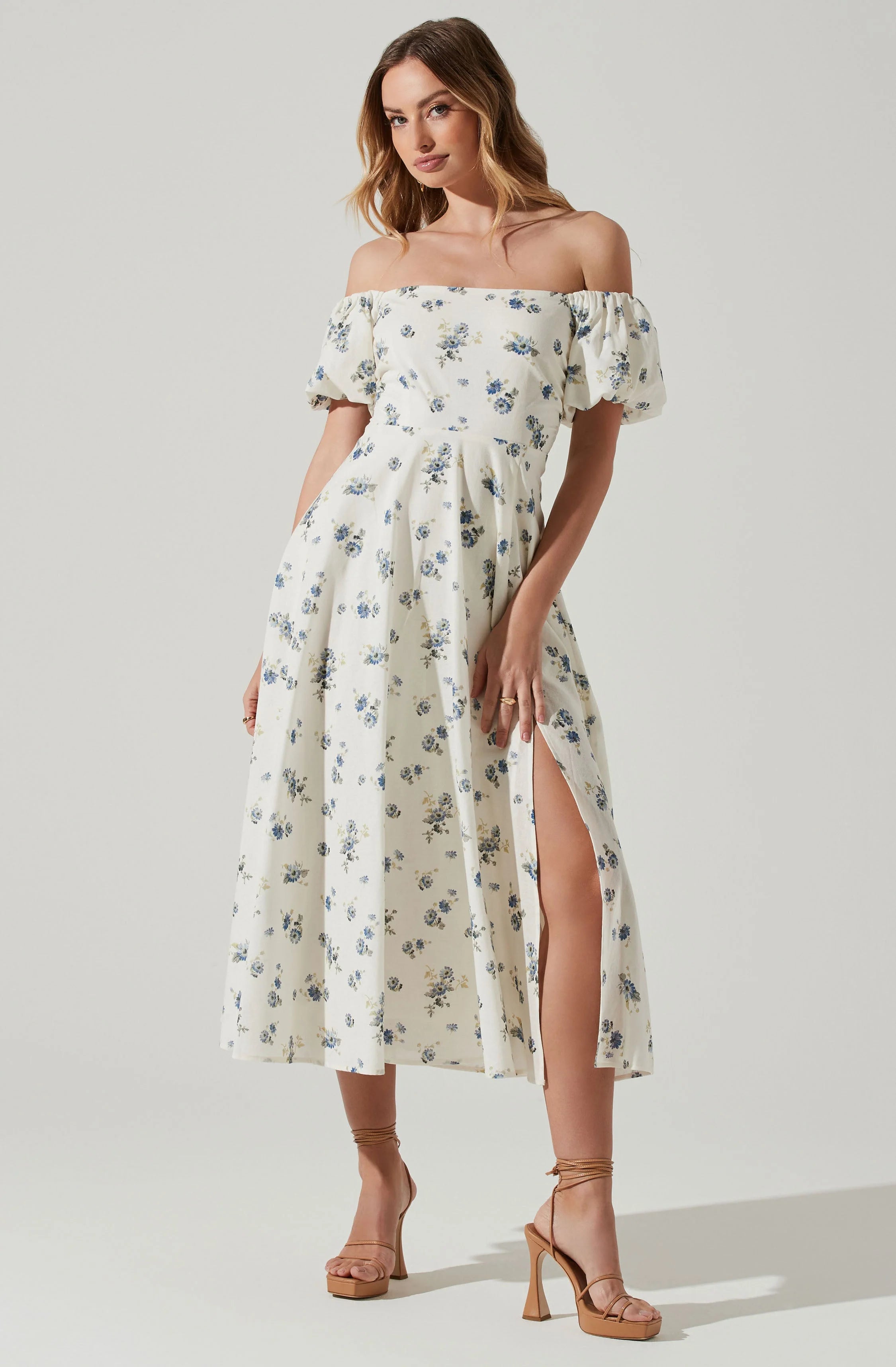 Off Shoulder Puff Sleeve Midi Dress