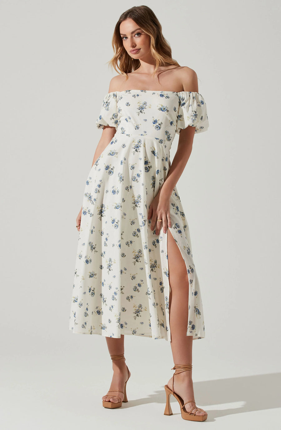 Off Shoulder Puff Sleeve Midi Dress