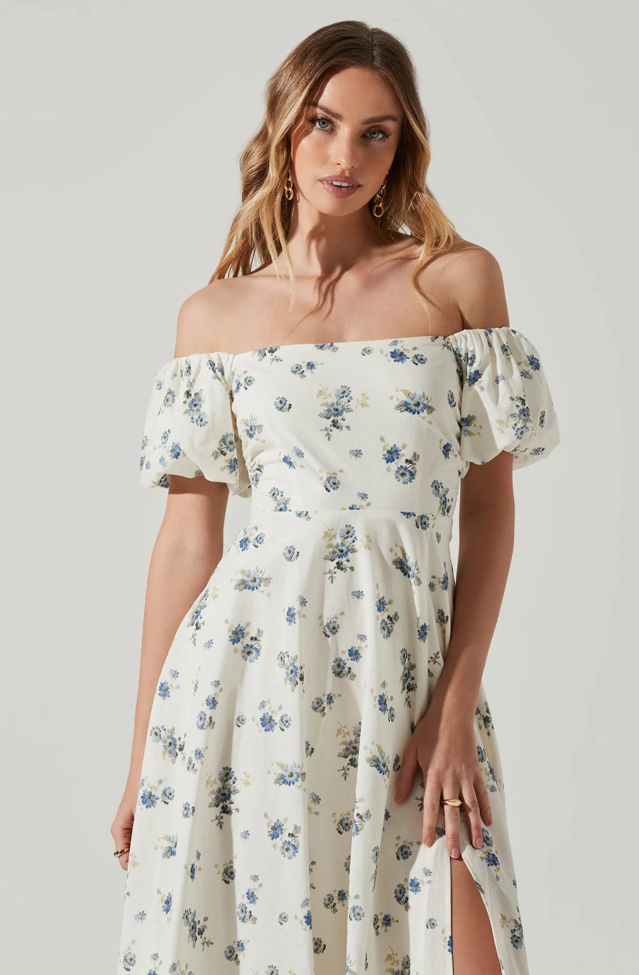 Off Shoulder Puff Sleeve Midi Dress