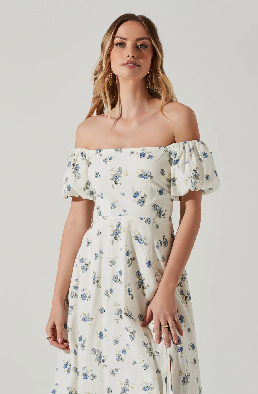 Off Shoulder Puff Sleeve Midi Dress