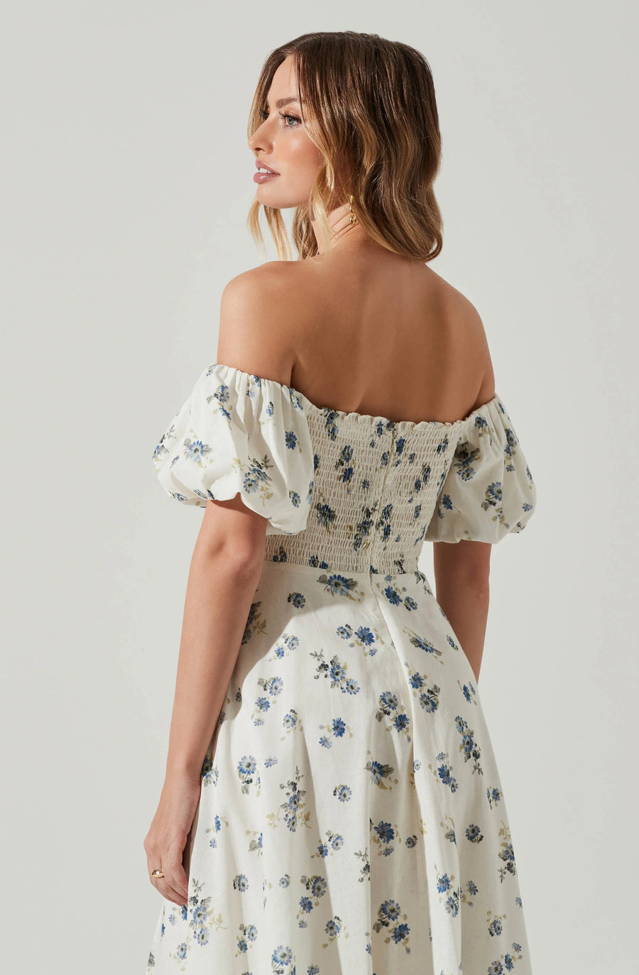 Off Shoulder Puff Sleeve Midi Dress