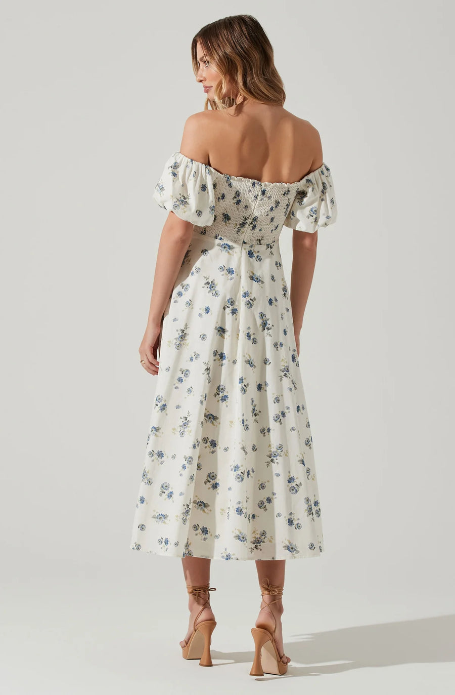 Off Shoulder Puff Sleeve Midi Dress