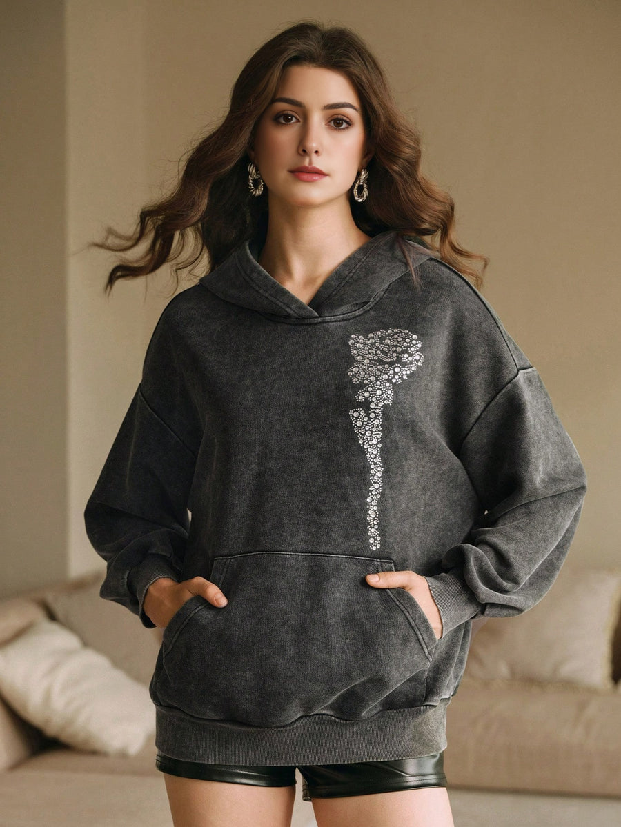 Isabella Casual Floral Rhinestone Decor Oversized Hoodie Top-front view