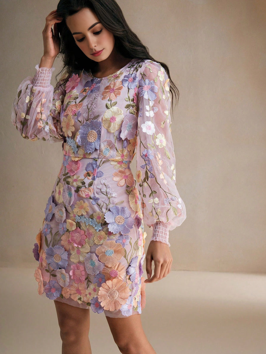 Isabella Elegant Lantern Sleeve Floral Embroidery Mesh Dress