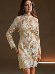 Isabella Stand Collar Long Sleeve Luxury Embroidered & Sequin Waist Fitted Dress