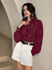 Isabella Lapel Long Sleeve Hollow Embroidery Casual Shirt