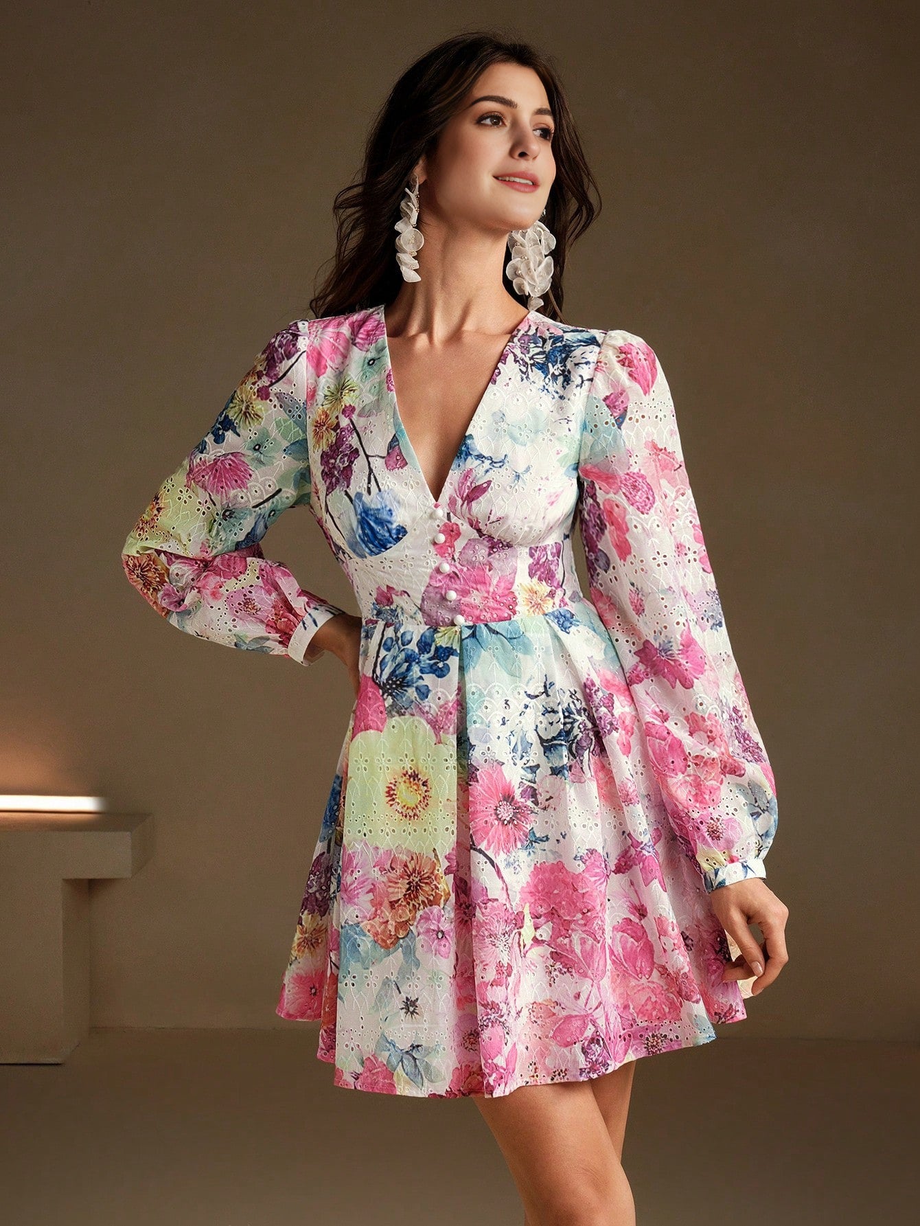 Isabella V-Neck Balloon Sleeve Floral Print Vacation Elegant Dress