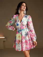 Isabella V-Neck Balloon Sleeve Floral Print Vacation Elegant Dress