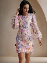 Isabella Elegant Lantern Sleeve Floral Embroidery Mesh Dress