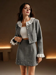 Isabella 2pcs Set: Crew Neck Pearl Embellish Patchwork Jacket + Skirt