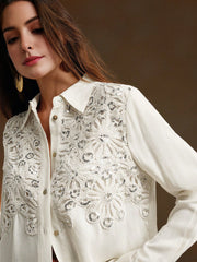 Isabella Casual Apricot Floral Applique Collar Long Sleeve Sequin Splice Chiffon Blouse