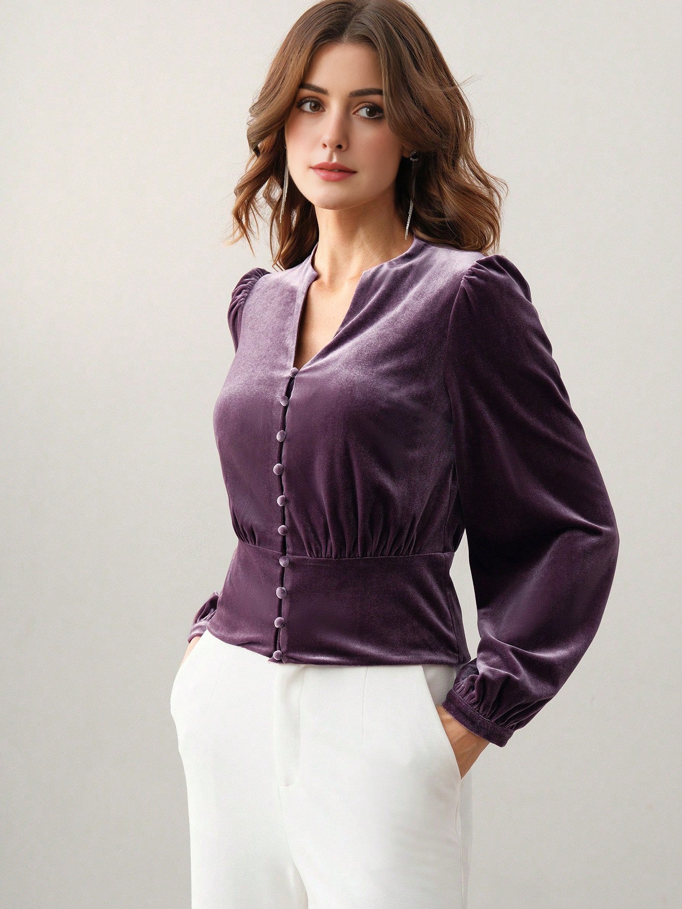 Isabella Velour Cinched Waist Fashionable Elegant Blouse