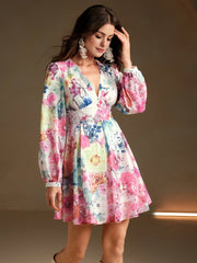 Isabella V-Neck Balloon Sleeve Floral Print Vacation Elegant Dress