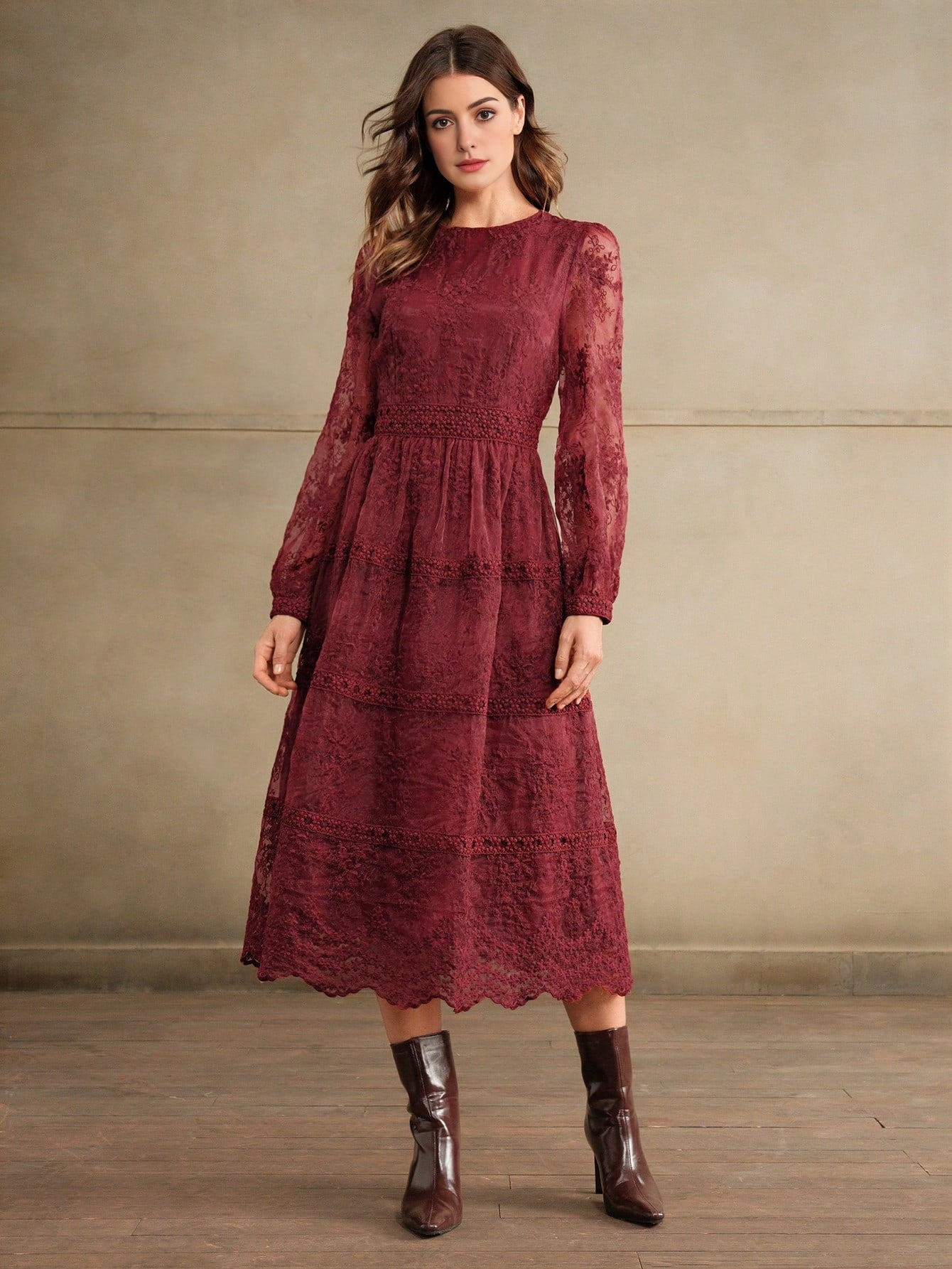 Isabella Autumn Lace Embroidered Fitted Waist Dress