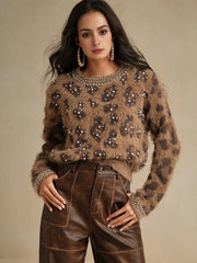 Isabella Leopard Print Beaded Crew Neck Long Sleeve Sweater