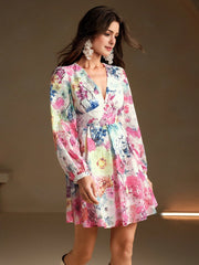 Isabella V-Neck Balloon Sleeve Floral Print Vacation Elegant Dress