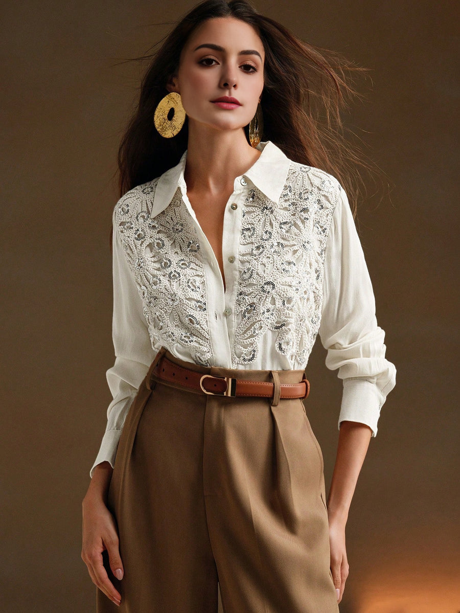 Isabella Casual Apricot Floral Applique Collar Long Sleeve Sequin Splice Chiffon Blouse