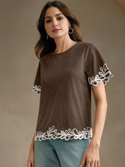 Isabella Embroidered Round Neck Short Sleeve Casual Vacation Blouse