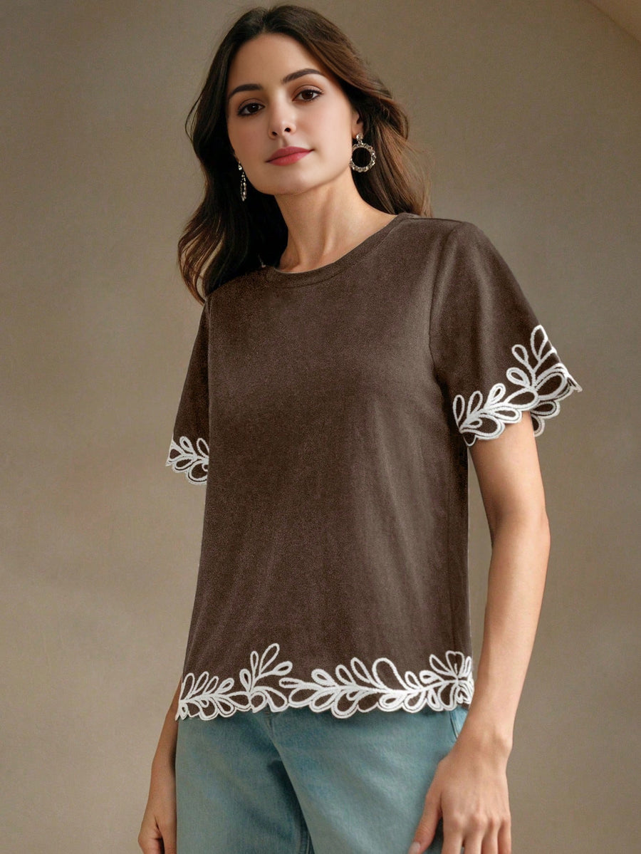 Isabella Embroidered Round Neck Short Sleeve Casual Vacation Blouse