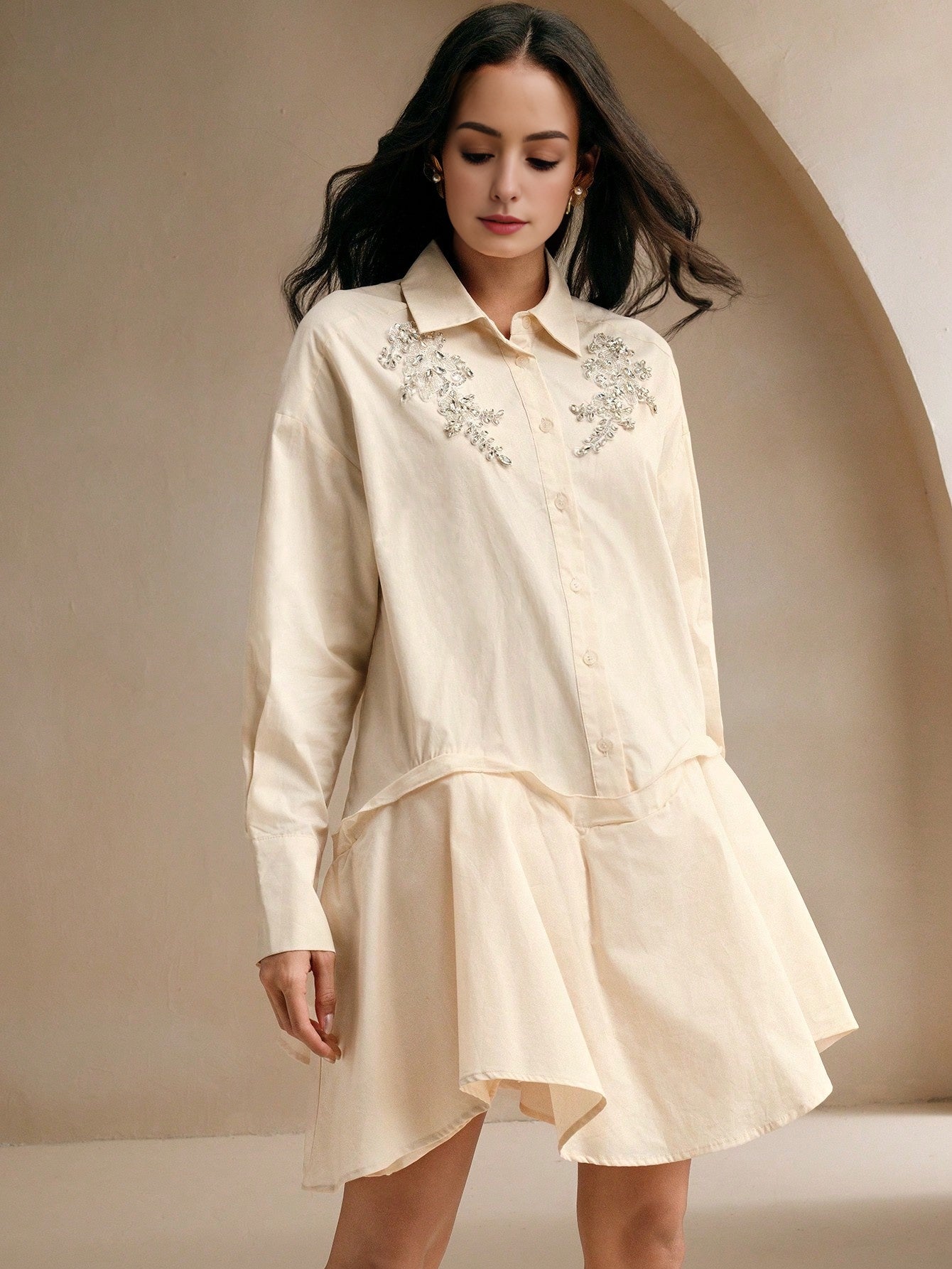 Isabella Long Sleeve Crystal Embellished Flared Elegant Shirt Dress