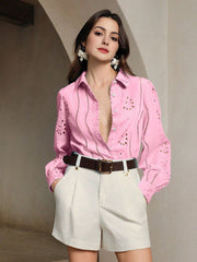 Isabella Lapel Long Sleeve Hollow Embroidery Casual Shirt