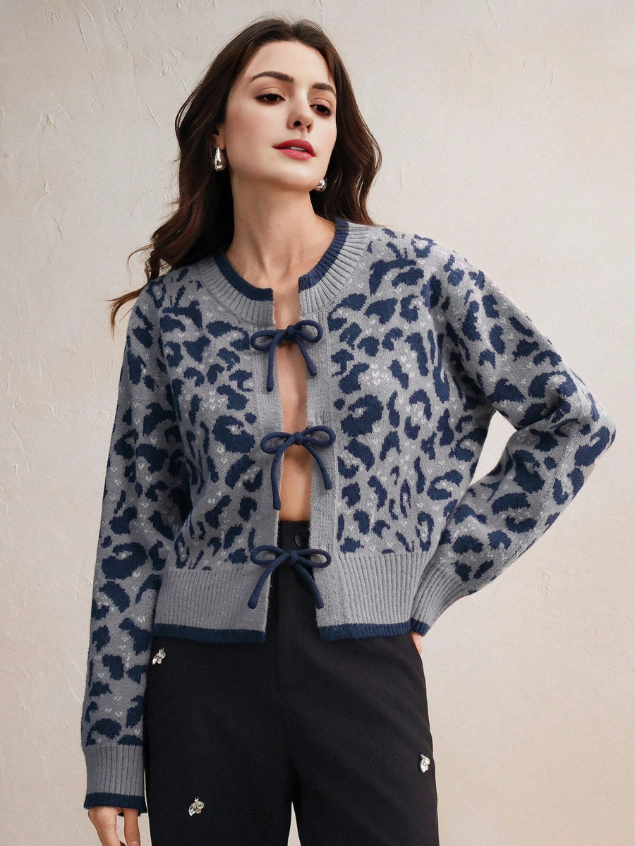 Isabella Leopard Print Lace-Up Elegant Knit Cardigan