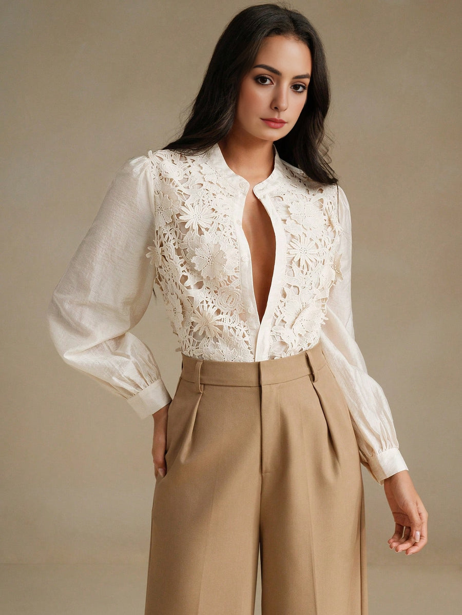 Isabella Long Sleeve Hollow Out Embroidery Elegant Blouse