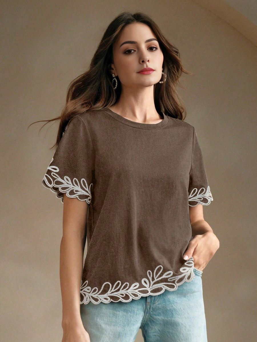 Isabella Embroidered Round Neck Short Sleeve Casual Vacation Blouse