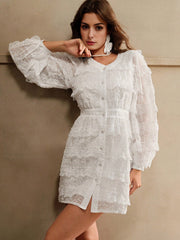 Isabella V-Neck Solid Color Puff Sleeve Lace Patchwork Elegant Long Sleeve Dress