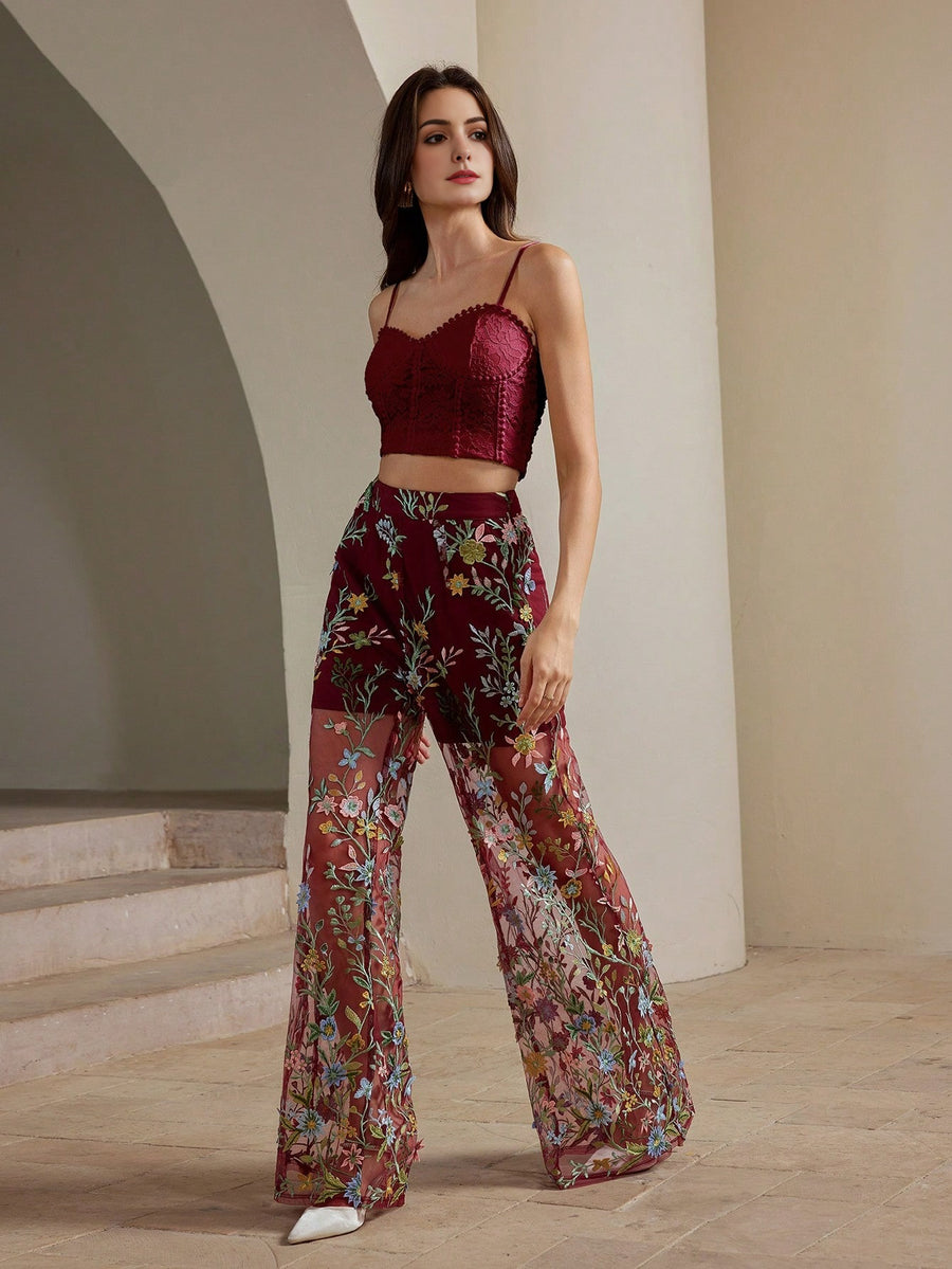 Isabella Semi-Sheer Embroidery Women's Long Pants