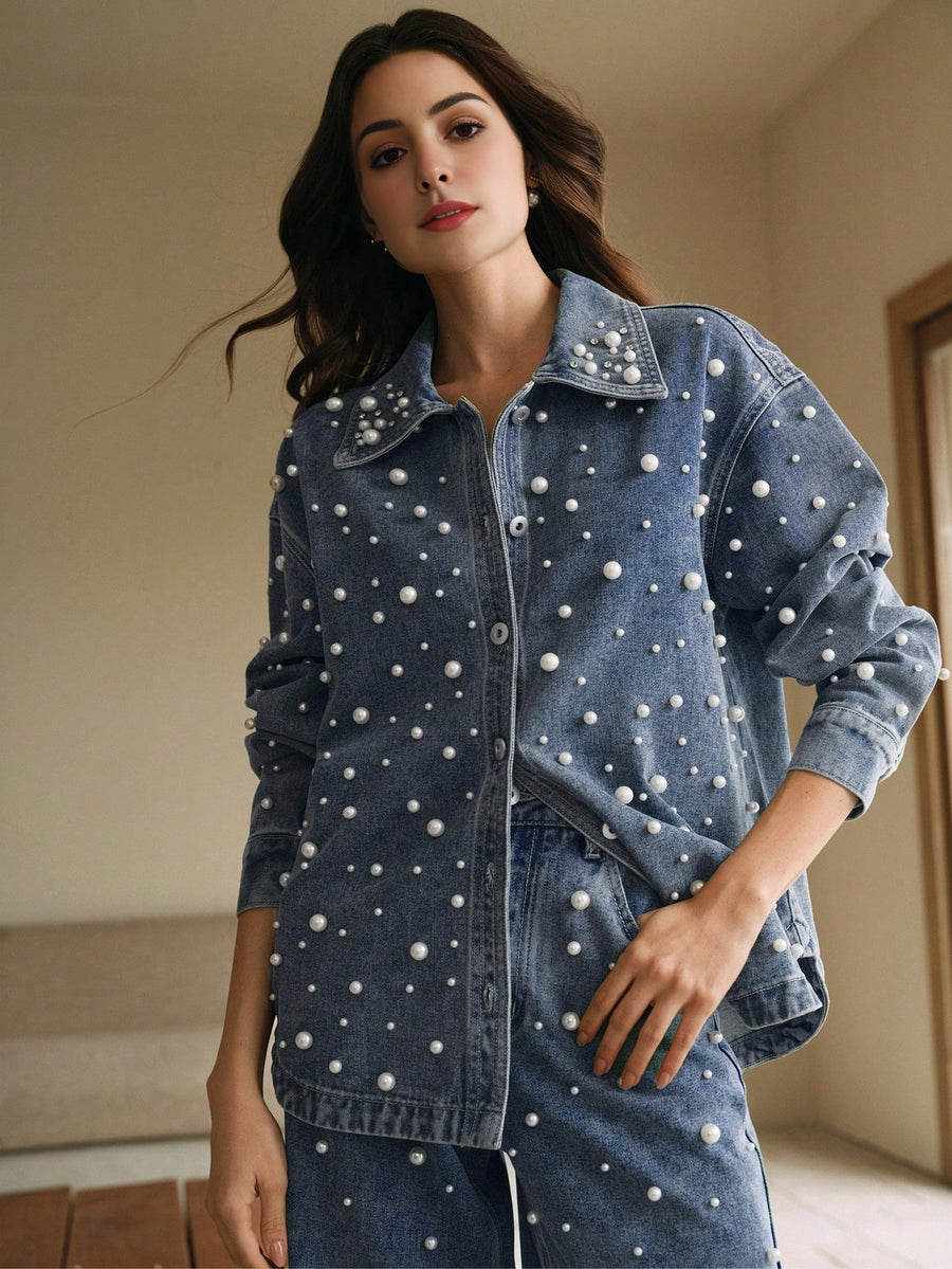 Isabella Elegant Pearl & Rhinestone Decorated Denim Blouse