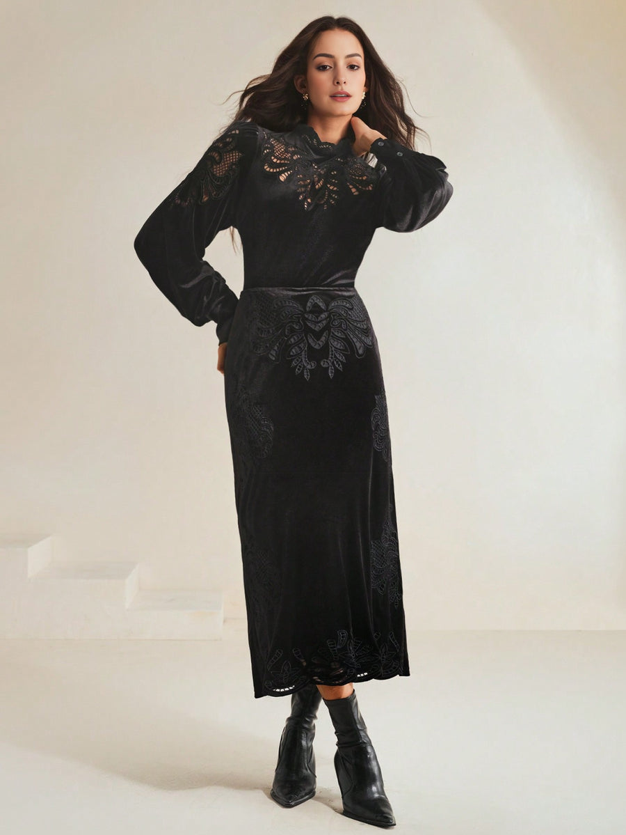 Isabella Lace Embroidered Velvet Top and Straight Skirt 2 Piece Set