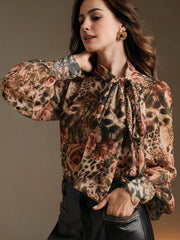 Isabella Women's Floral & Leopard Print Bow Collar Blouse