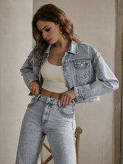 Isabella Rhinestone Embellished Denim Long Sleeve Utility Jacket