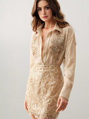 Isabella 2pcs/Set Collared Long Sleeve Embroidered Mesh Blouse & A-Line Mini Skirt Suit